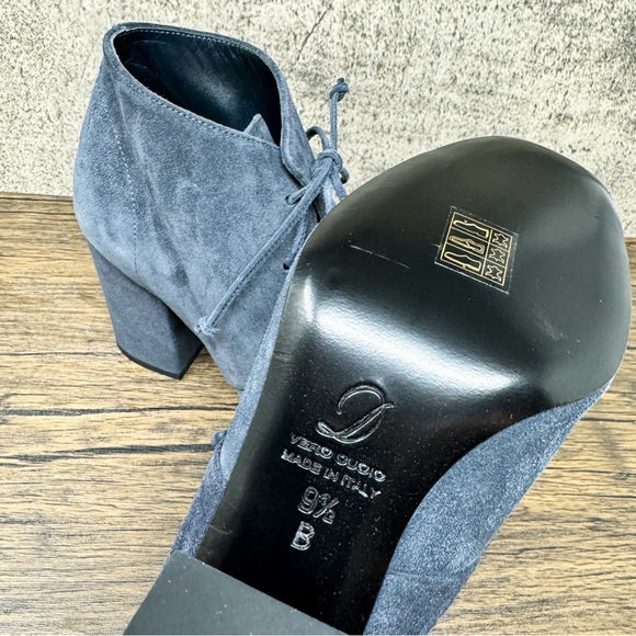 Delman suede gray-blue open toe booties, leather Anita heeled boots, size 9.5 - Picture 9 of 11